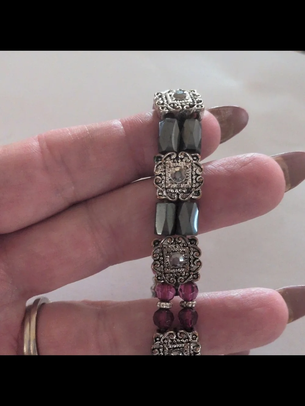 Elegant Silver-Tone Hematite and Purple Bead Stretch Bracelet